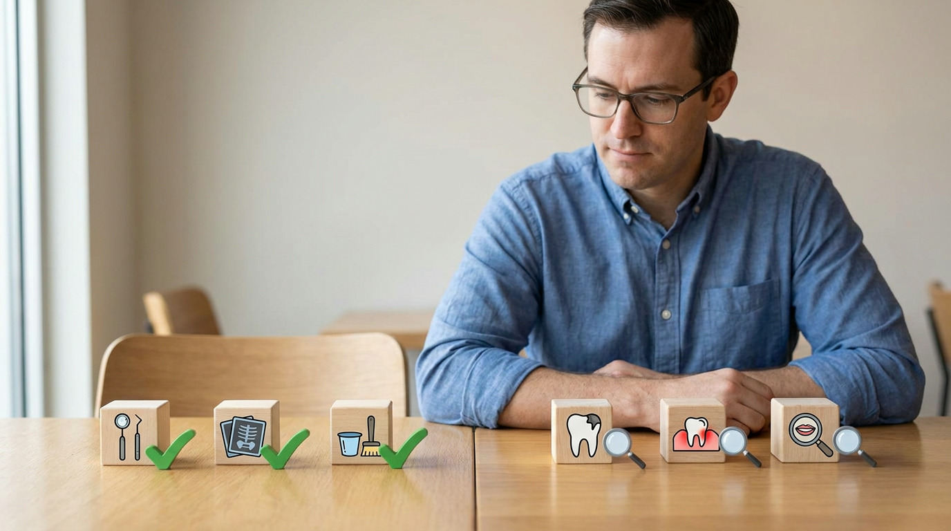 A man in glasses and a blue shirt sits at a wooden table, looking down at a row of wooden blocks with dental icons and green checkmarks or magnifying glasses.