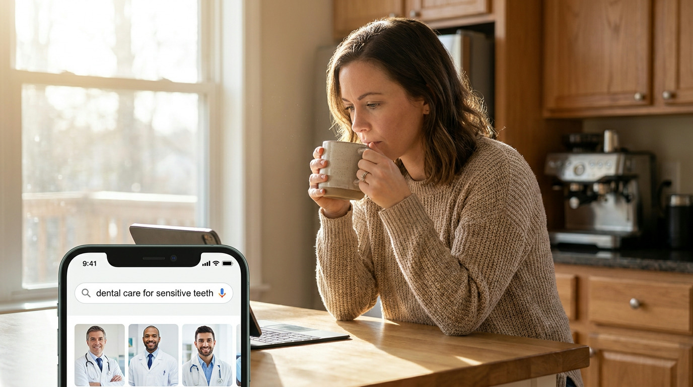 Amanda sips from a mug at a kitchen island with a laptop and a smartphone displaying a search for "dental care for sensitive teeth" and three male dentists, as morning light streams through a window.