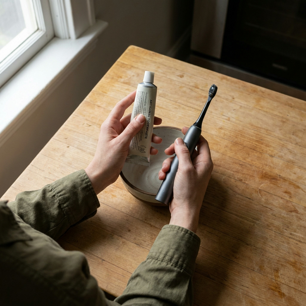 Hands in an olive green shirt hold a tube of "Artisanal Toothpaste" and a gray electric toothbrush with black bristles over a ceramic bowl on a wooden table.