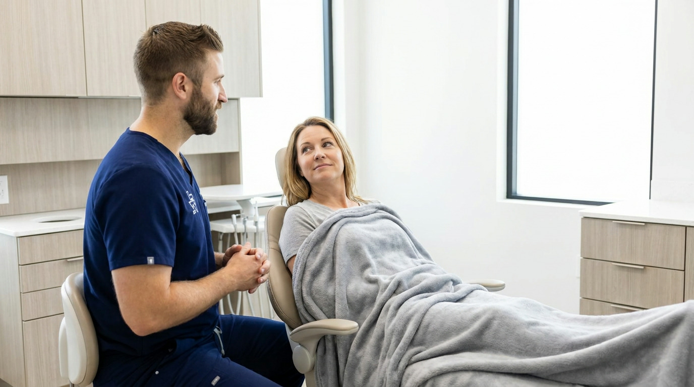 Dr. Morren, wearing blue scrubs, sits facing Allison, who is reclined in a dental chair with a gray blanket draped over her. They are in a modern dental office with light wood cabinets and a large window.