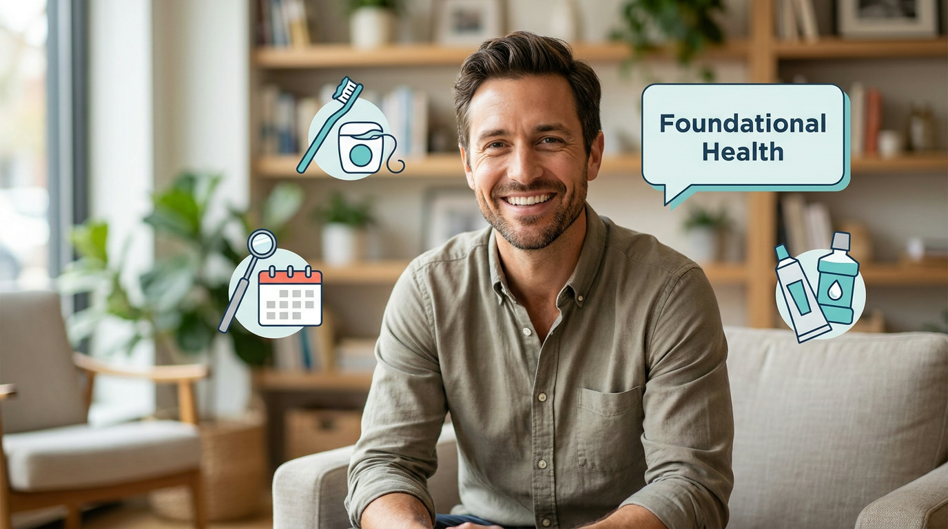 A smiling man in a green shirt sits on a sofa, surrounded by icons of a toothbrush, dental floss, a dental mirror, a calendar, toothpaste, and mouthwash, with a speech bubble reading "Foundational Health.