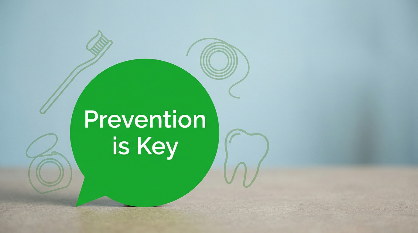 A green speech bubble with "Prevention is Key" in white text is surrounded by light green outline illustrations of a toothbrush, dental floss, a floss dispenser, and a tooth, set against a light blue background and a light brown surface.