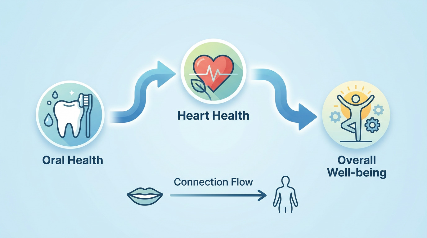 An infographic shows three connected circles with arrows: Oral Health (tooth, toothbrush, water drops), Heart Health (heart with heartbeat line and leaf), and Overall Well-being (person in yoga pose with sun and gears). Below, a mouth icon