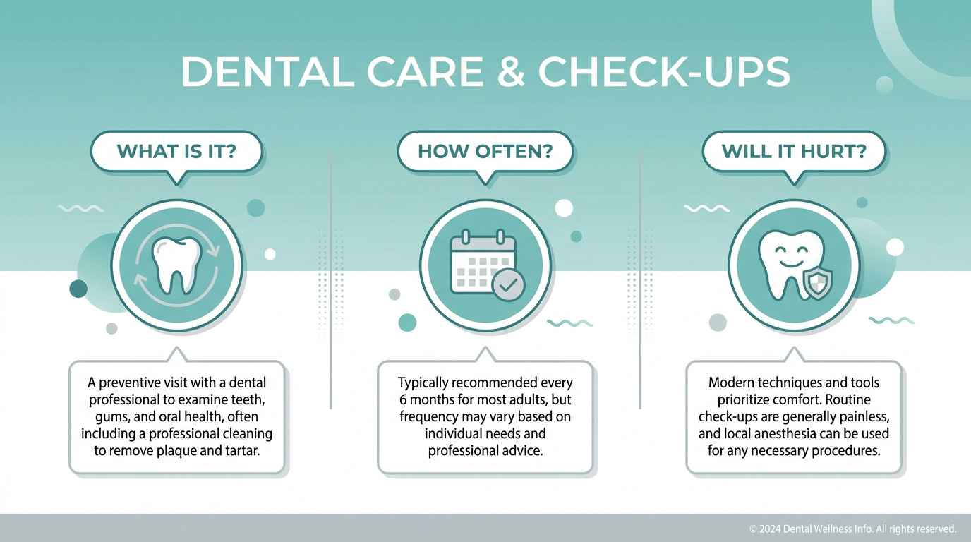 An infographic titled "Dental Care & Check-Ups" features three columns with questions, icons, and text: "What is it?" with a tooth and arrows, "How often?" with a calendar and checkmark, and "Will it hurt?" with a smiling tooth and shield.