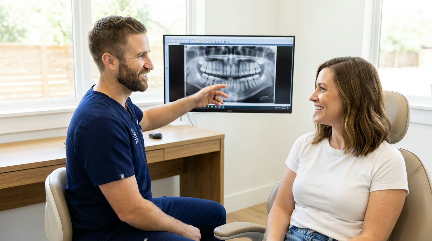 Dr. Morren points to a dental X-ray on a monitor while Paige smiles at him from a dental chair in a modern consultation room.
