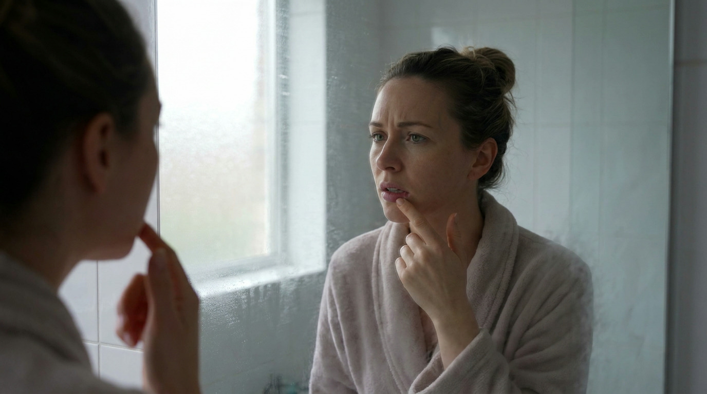 Paige looks at her reflection in a steamy bathroom mirror, touching her lower lip with a slight frown, with a window visible in the background.