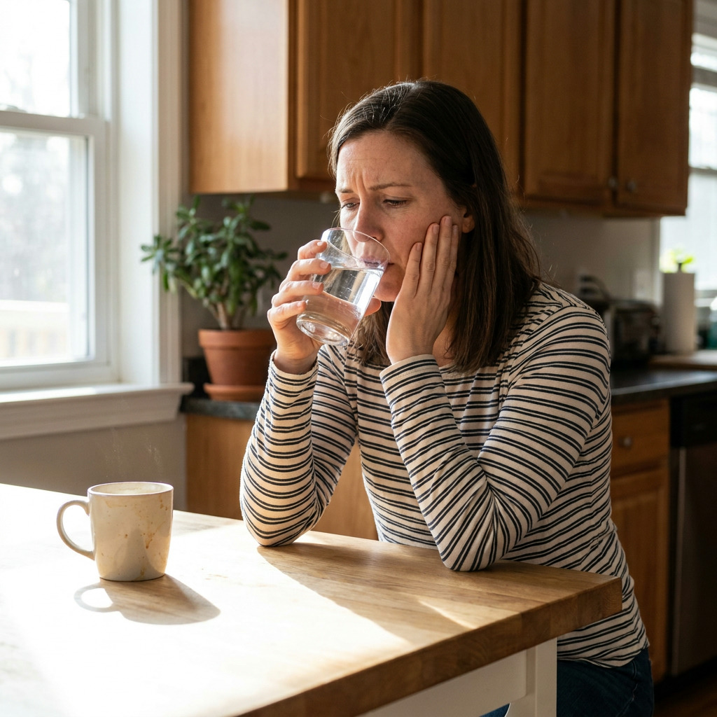 Paige, wearing a striped long-sleeve shirt, sits at a kitchen island, holding a glass of water to her mouth while cradling her jaw with her other hand. A steaming mug sits on the sunlit counter beside her, with kitchen cabinets and a