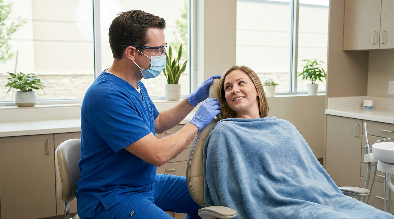 Dr. Morren, wearing blue scrubs, a mask, and safety glasses, adjusts the headrest of a dental chair where Kristen is seated, covered by a blue blanket and smiling, in a modern dental office.