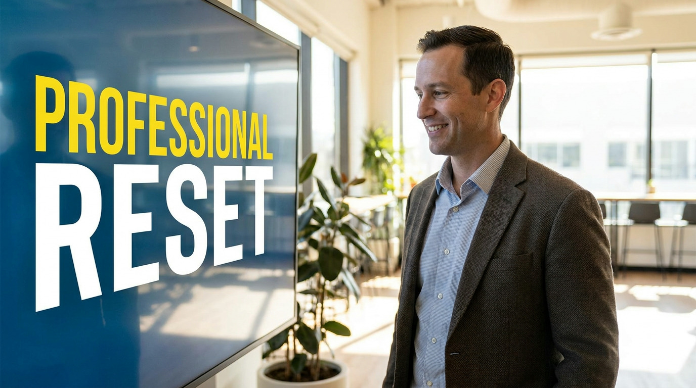 A smiling man in a brown jacket and blue shirt looks toward a large screen displaying "PROFESSIONAL RESET" in yellow and white text, in a bright office with large windows and plants.