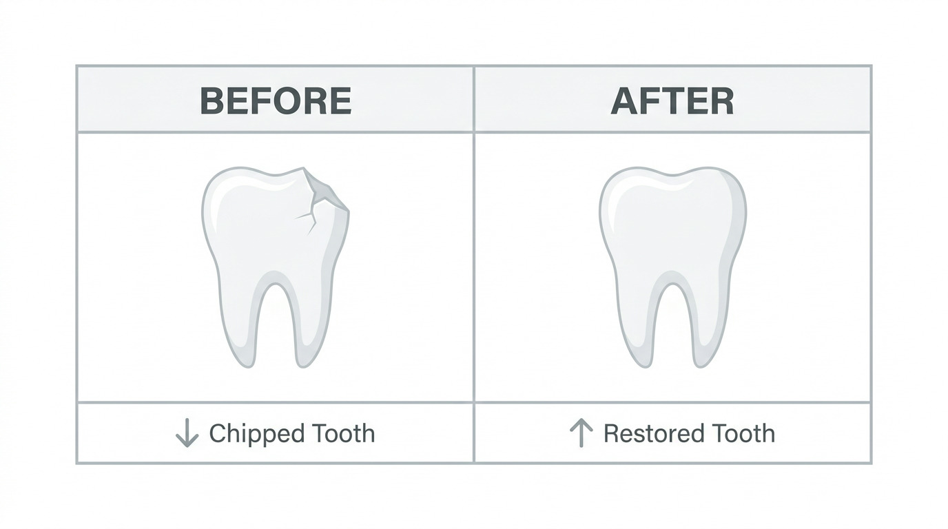 A two-column table shows a "Before" section with an illustration of a chipped tooth and text "Chipped Tooth," and an "After" section with an illustration of a whole tooth and text "Restored Tooth.