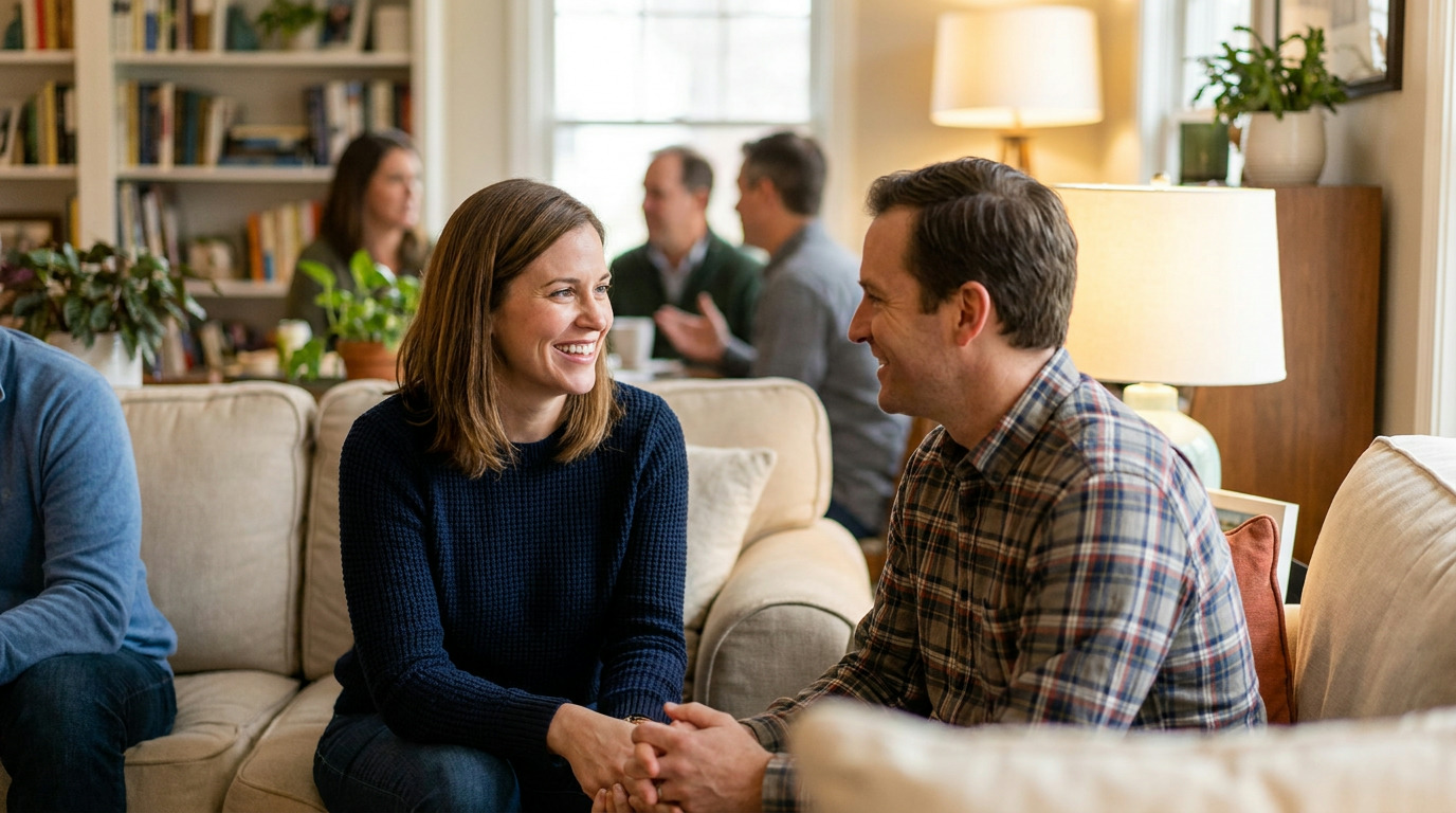 Audrey and Mark sit on a couch, holding hands and smiling at each other, while other people are blurred in the background of a living room with bookshelves and lamps.