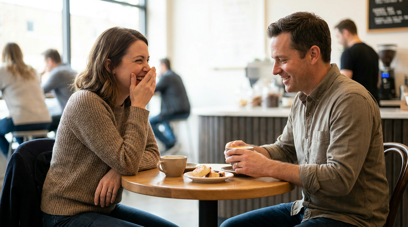 Audrey laughs with her hand covering her mouth while sitting across a cafe table from a man holding a coffee cup, with pastries and another coffee cup between them.