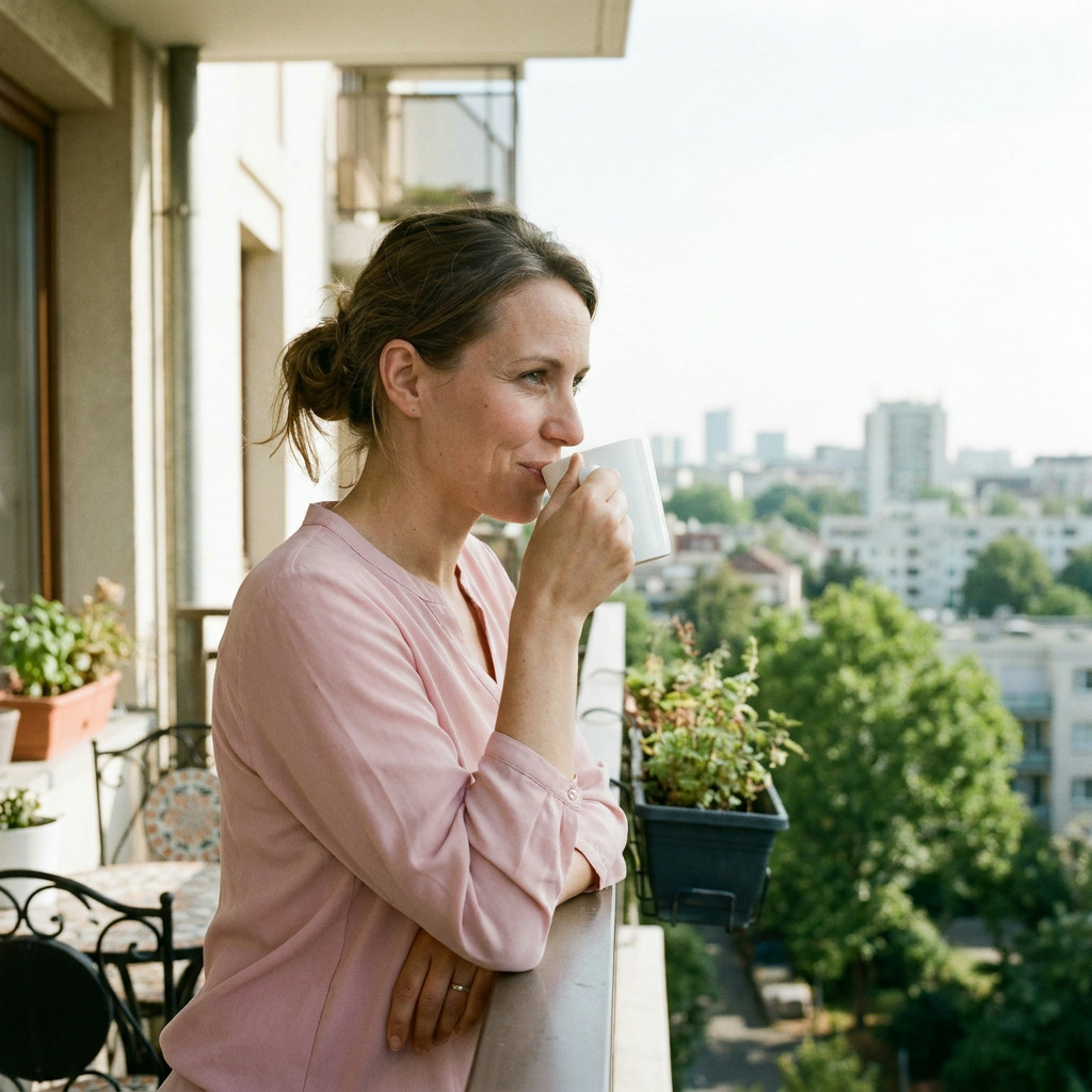 Audrey sips from a white mug while leaning on a balcony railing, looking out at a city skyline with buildings and trees, wearing a pink blouse.