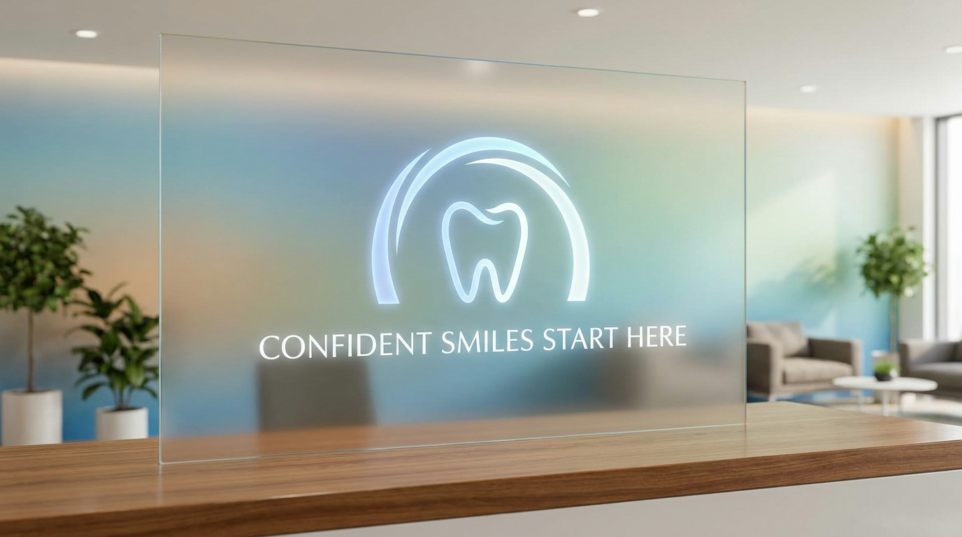 A frosted glass sign on a wooden counter displays a glowing tooth icon within an arch and the text "CONFIDENT SMILES START HERE," with a modern waiting room and potted plants blurred in the background.