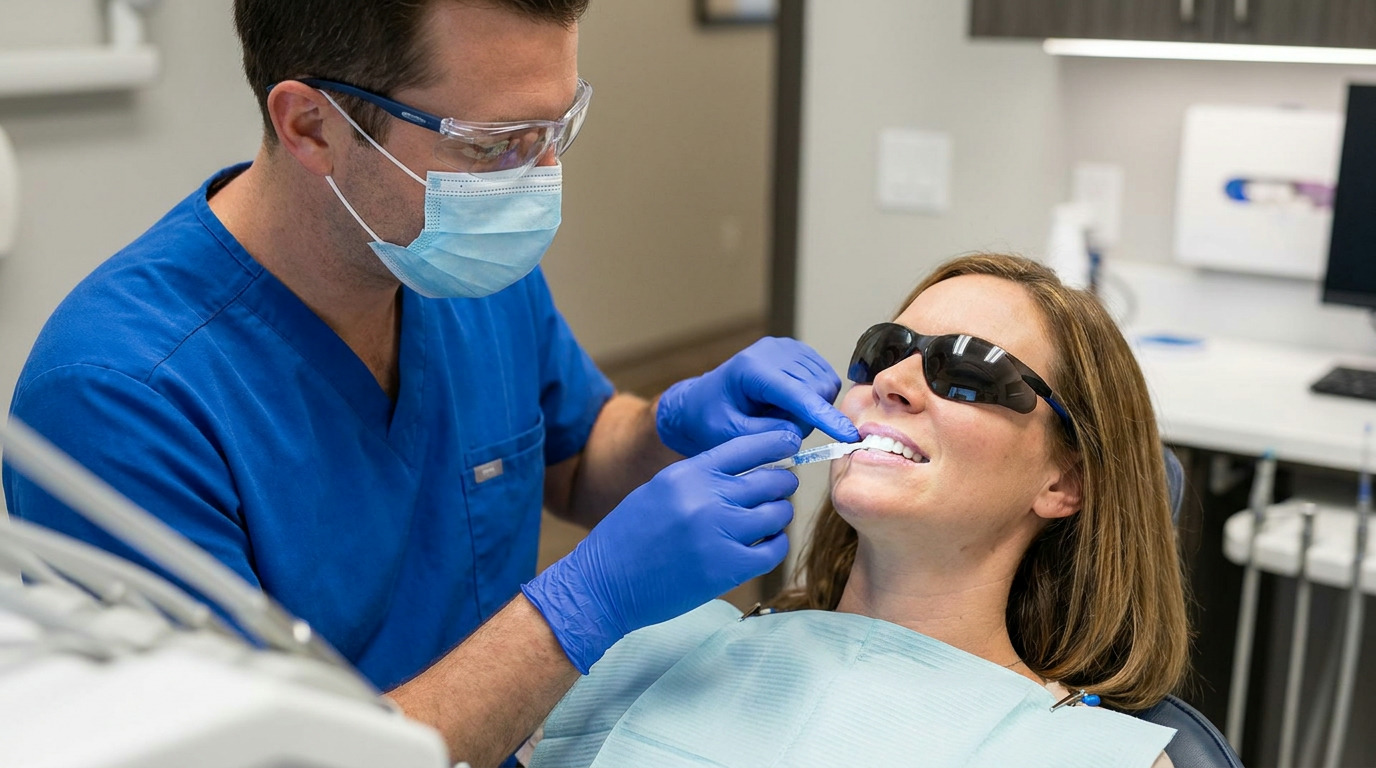 A dentist in blue scrubs, mask, and safety glasses applies a teeth whitening treatment to a patient wearing dark safety glasses, who is reclined in a dental chair.