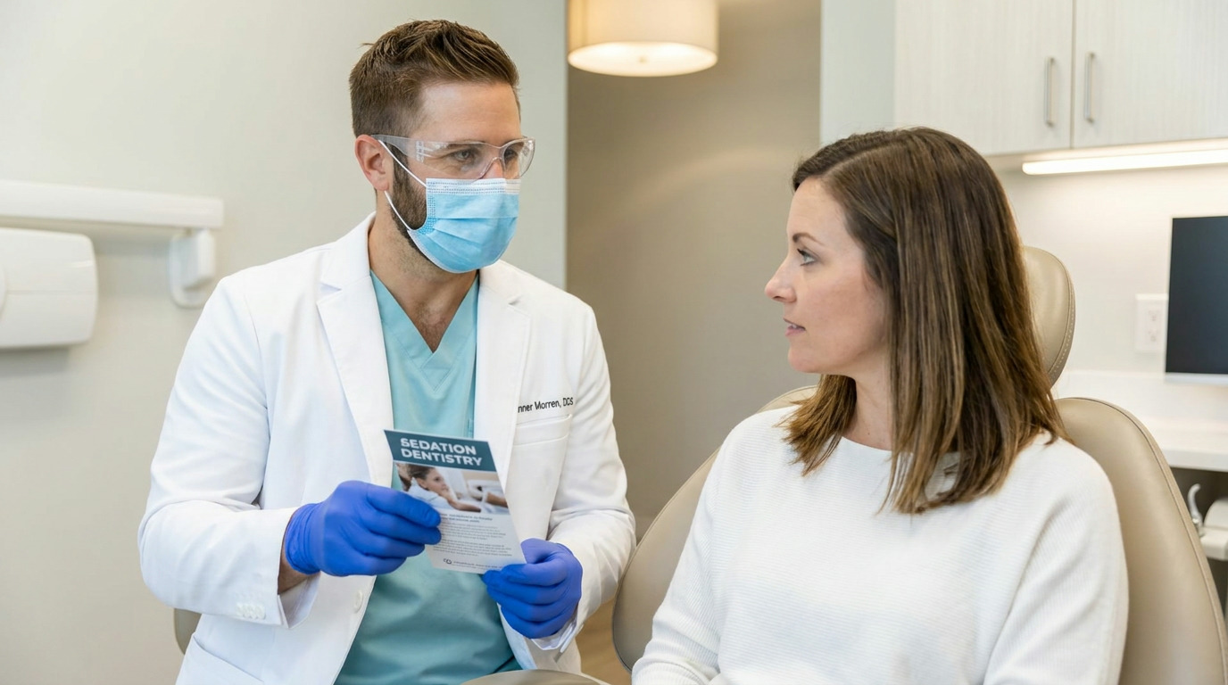 Dr. Morren, wearing a white lab coat, blue scrubs, safety glasses, and a face mask, holds a "Sedation Dentistry" pamphlet while speaking to a woman seated in a dental chair.
