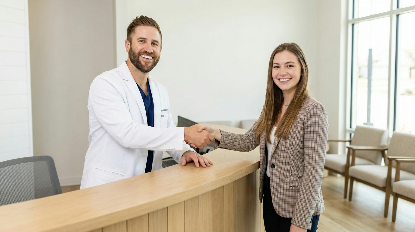 Dr. Morren, wearing a white lab coat over blue scrubs, shakes hands with Erin, who is wearing a plaid blazer, across a light wood reception desk in a modern waiting area with large windows and chairs.
