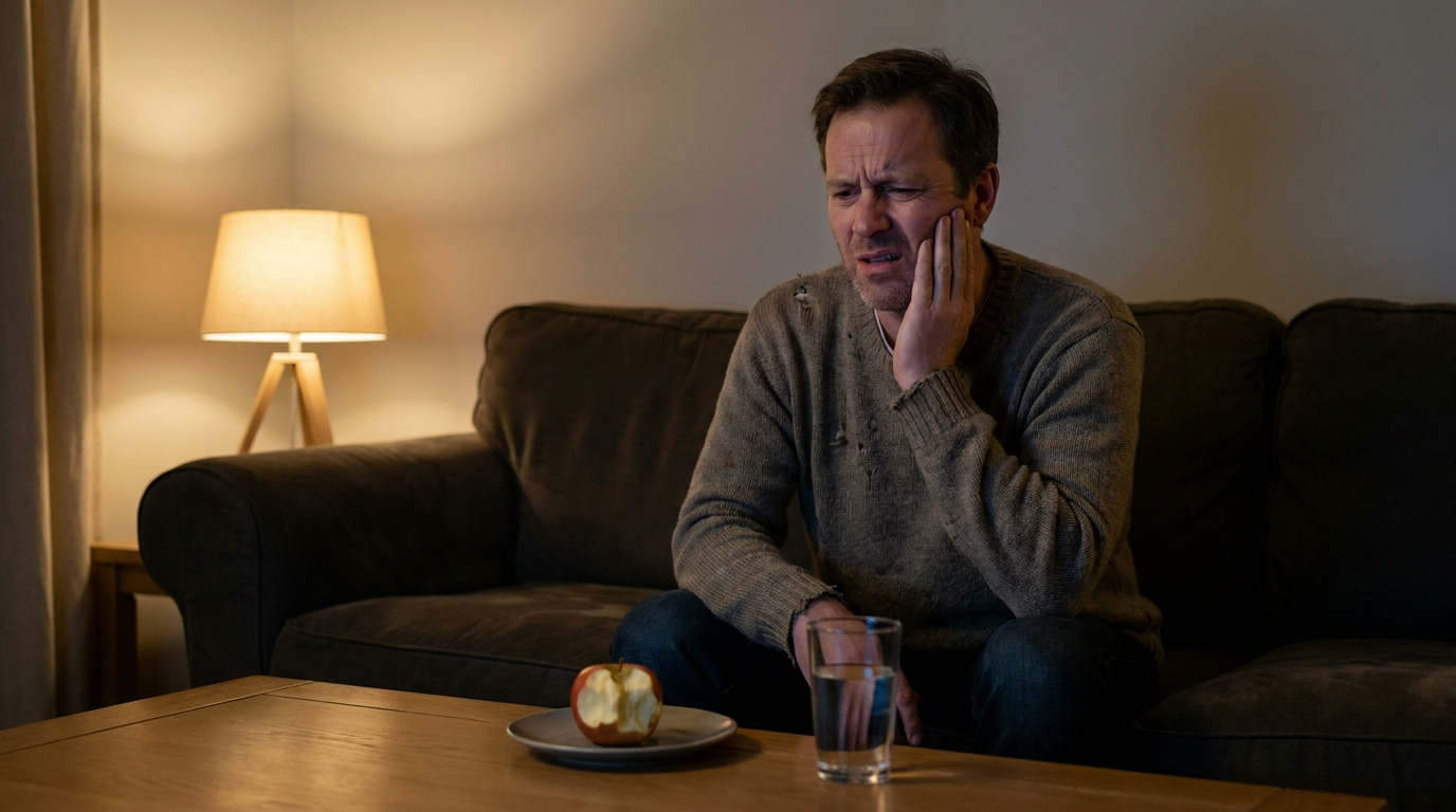 Eric sits on a dark couch in a dimly lit room, wincing and holding his jaw, with a half-eaten apple on a plate and a glass of water on the coffee table in front of him.