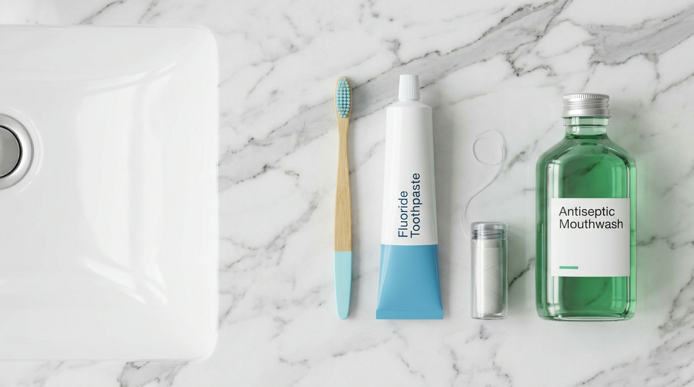 A white sink and a bamboo toothbrush, a tube of fluoride toothpaste, a container of dental floss, and a bottle of antiseptic mouthwash are neatly arranged on a white marble counter.