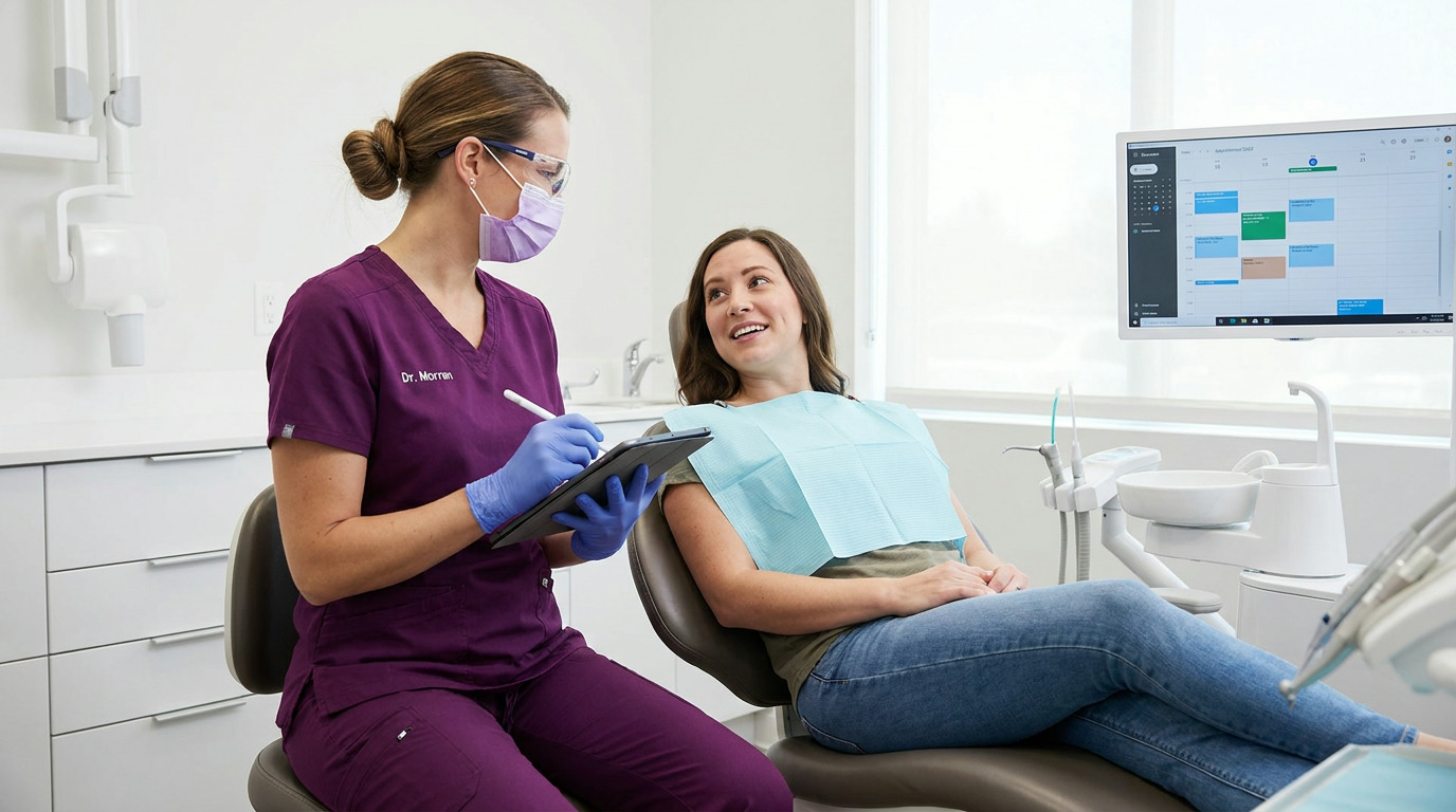 Dr. Morren, wearing purple scrubs, a mask, and safety glasses, makes notes on a tablet while speaking with a patient in a dental chair, who wears a light blue bib.