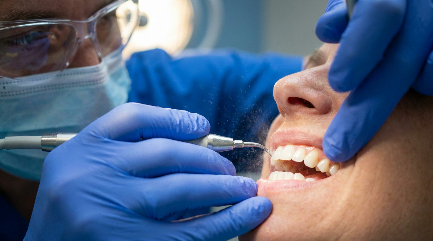 Dr. Morren, wearing glasses, a mask, and blue gloves, uses an ultrasonic scaler to clean a patient's lower front teeth, with water mist visible and the patient's mouth open.