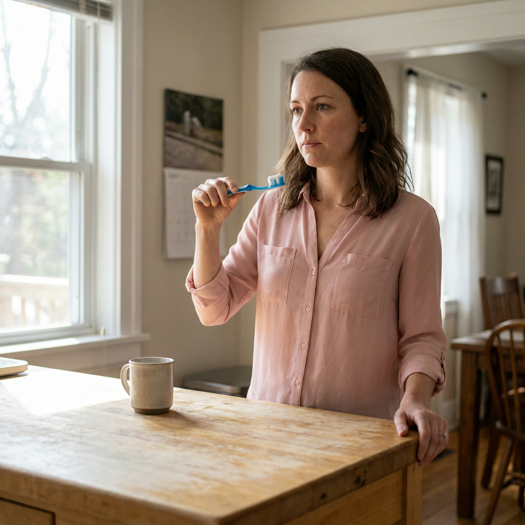 Megan stands at a wooden kitchen island, holding a blue toothbrush with toothpaste, wearing a pink blouse, with a mug on the counter and a window in the background.