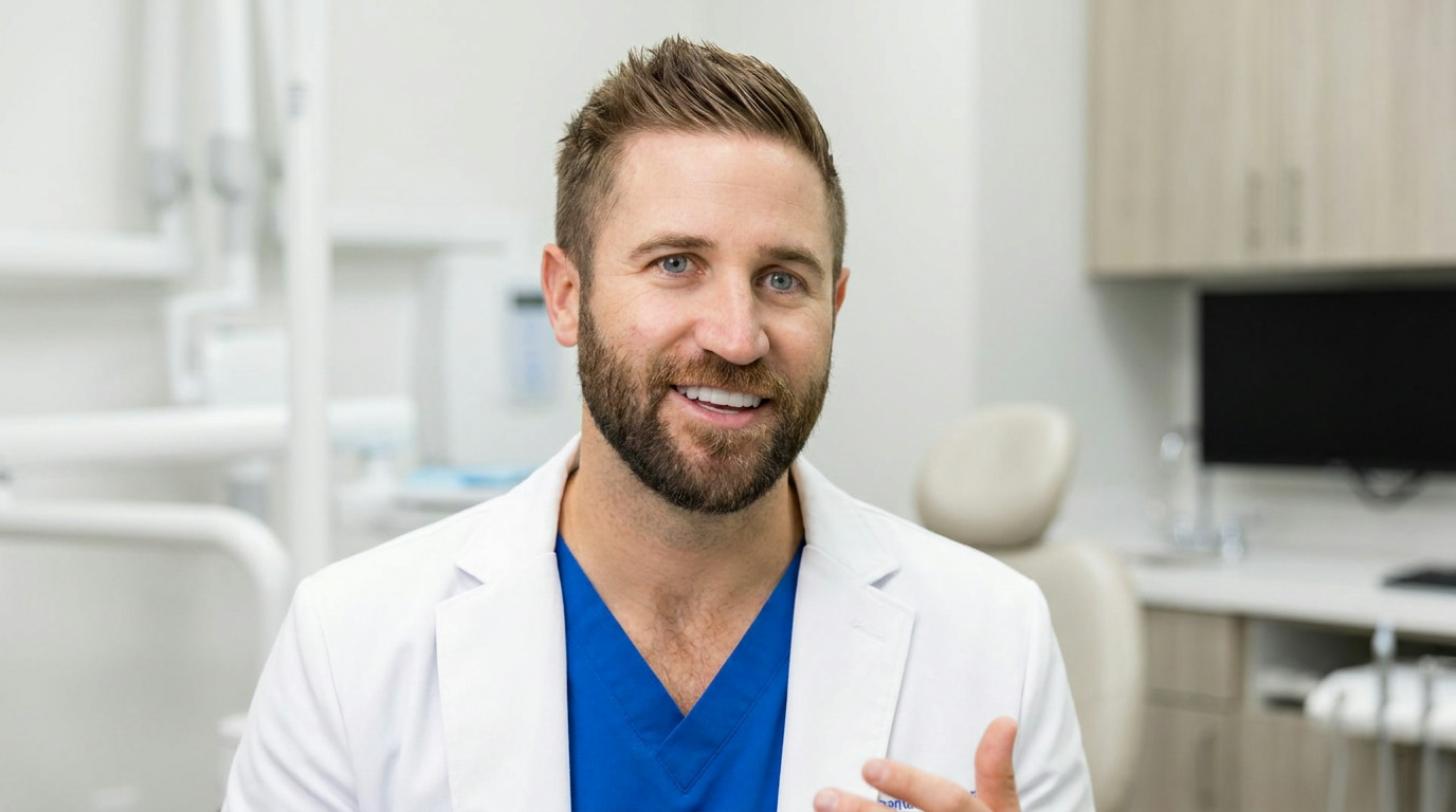 Dr. Morren, a man with a beard, smiles wearing a blue scrub top and white lab coat, gesturing with one hand in a brightly lit dental operatory with equipment in the background.