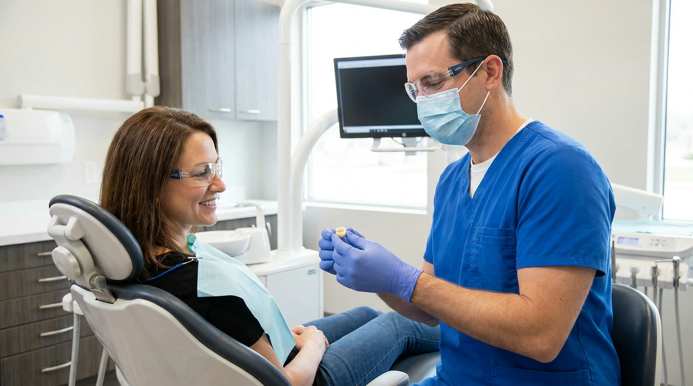 Dr. Morren, wearing blue scrubs, a mask, and safety glasses, holds a dental crown and looks at Melissa, who is seated in a dental chair with a dental bib and safety glasses.