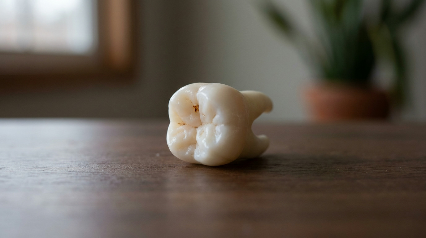 A single molar tooth with a small brown spot on its chewing surface rests on a wooden surface, with a blurred background showing a window and a potted plant.