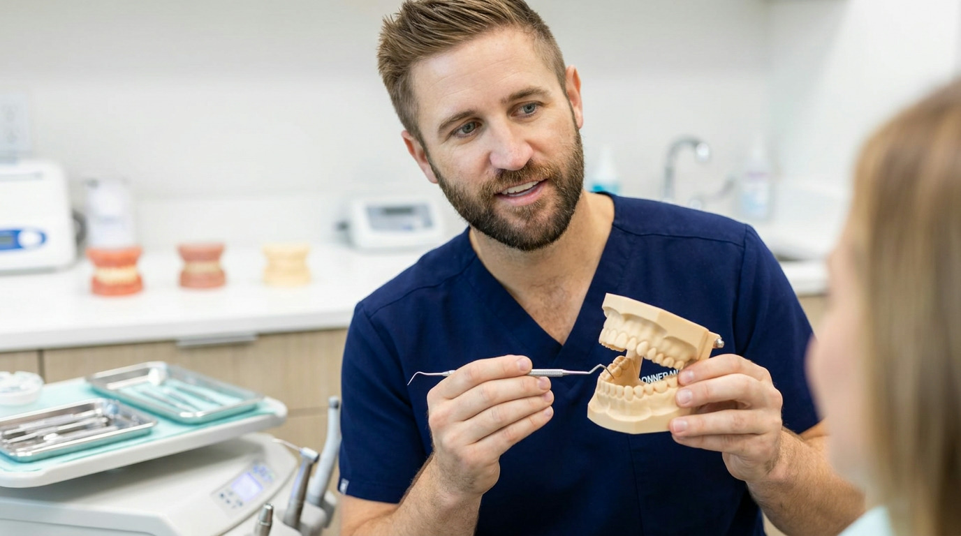 A dentist in blue scrubs holds a dental model of a jaw and points to a molar with a diagnostic tool while speaking to a patient whose back is visible, in a clean dental office.