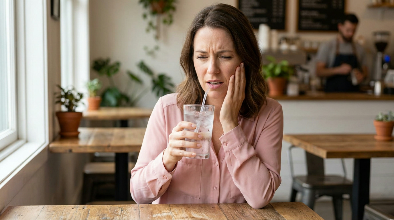 Melissa, wearing a pink blouse, winces and holds her cheek while drinking ice water with a straw at a wooden table in a cafe, with a blurred barista in the background.