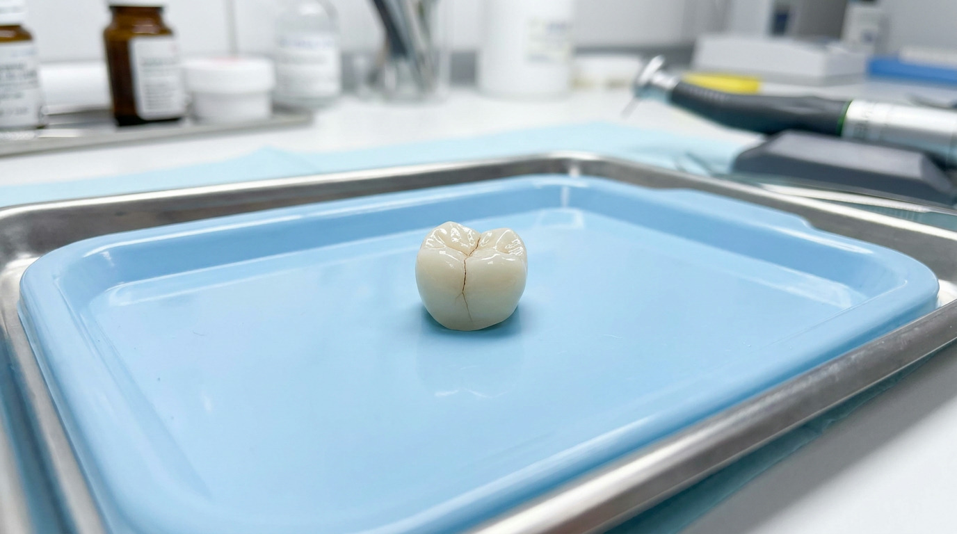 A cracked porcelain dental crown sits on a light blue medical tray, which is on a metal tray, with blurred dental supplies and equipment in the background.