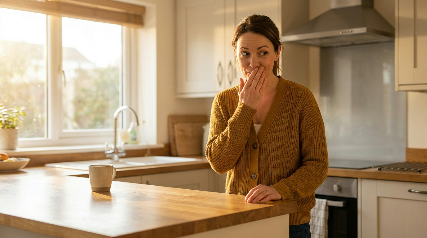 Melissa stands in a sunlit kitchen, wearing a mustard yellow cardigan and blue jeans, with one hand covering her mouth and the other resting on a wooden counter. A coffee mug is visible on the counter.
