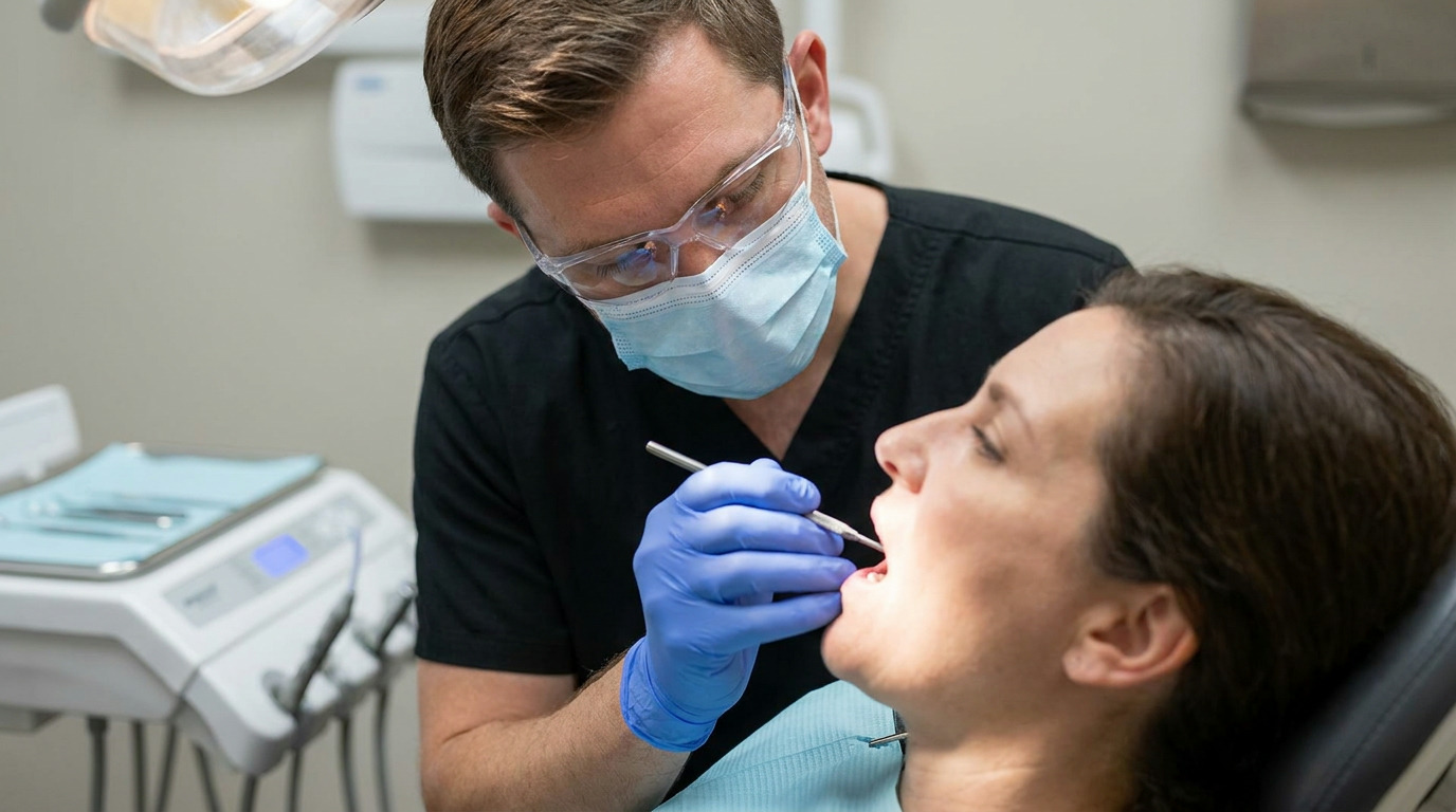 A dentist wearing a mask, safety glasses, and blue gloves uses a dental mirror to examine a patient's open mouth in a brightly lit dental office.