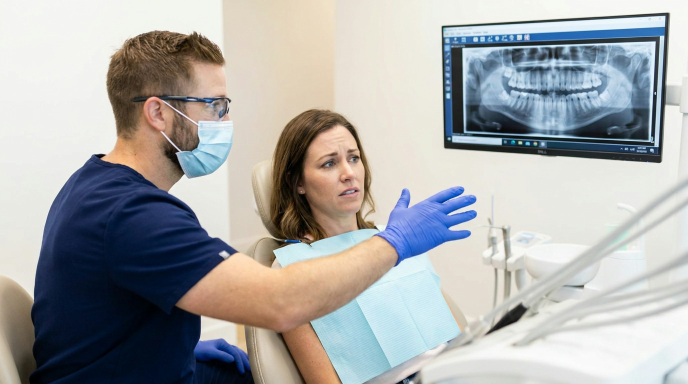 Dr. Morren, wearing a mask, glasses, and blue scrubs, gestures toward a dental X-ray on a monitor while speaking to Melissa, who is seated in a dental chair with a light blue bib and a concerned expression.
