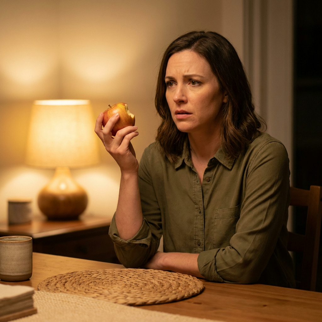 A woman with a concerned expression holds an apple with a bite taken out of it, sitting at a wooden dining table with a woven placemat, a ceramic mug, and a lamp in the background.