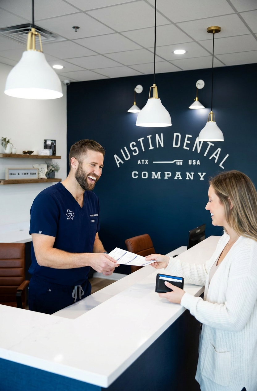 A dental team member reviews paperwork with a patient at the front desk of a modern dental office