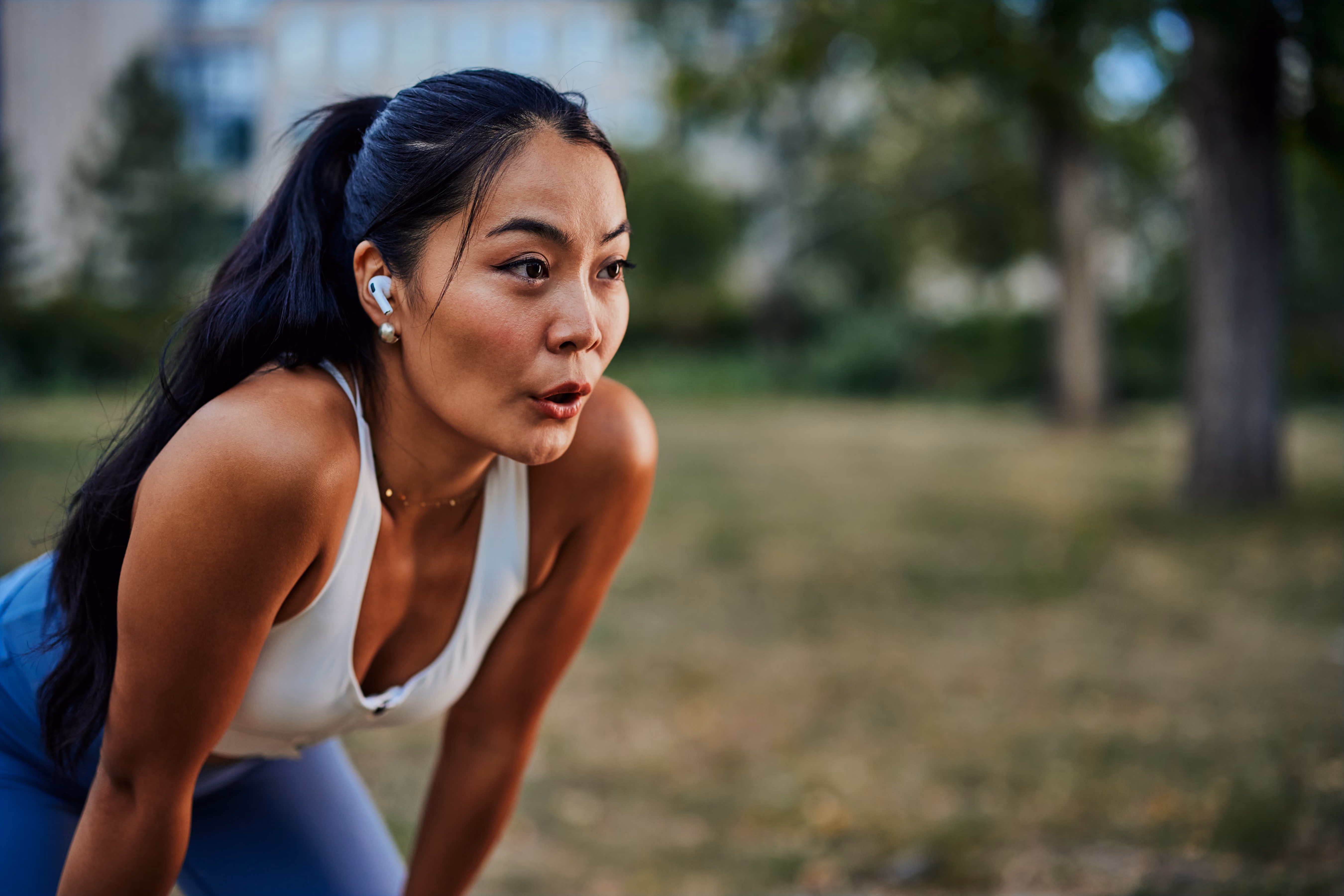 Woman taking a breath stock photo