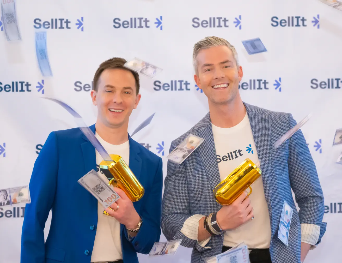 Two men smiling, holding gold money guns, with fake hundred-dollar bills flying around, SellIt logo behind
