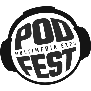 POD FEST Multimedia Expo logo with headphones around circular text.