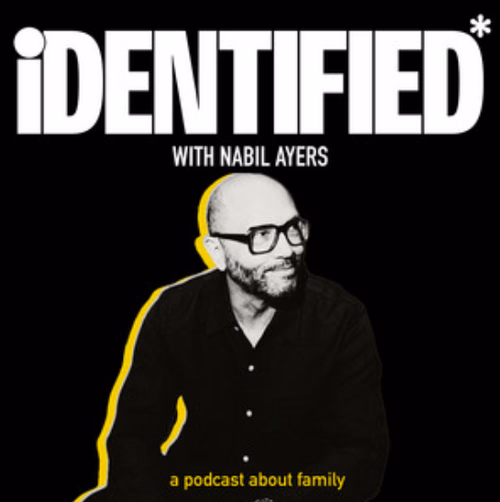 Man with glasses and beard outlined in yellow under text 'IDENTIFIED' and 'a podcast about family.'