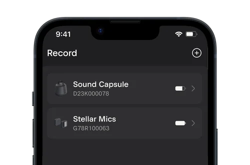 Smartphone screen showing a Record app with toggles for Sound Capsule and Stellar Mics devices.