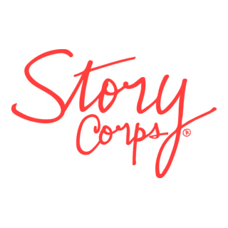 Storycorps logo in red handwritten text on transparent background.