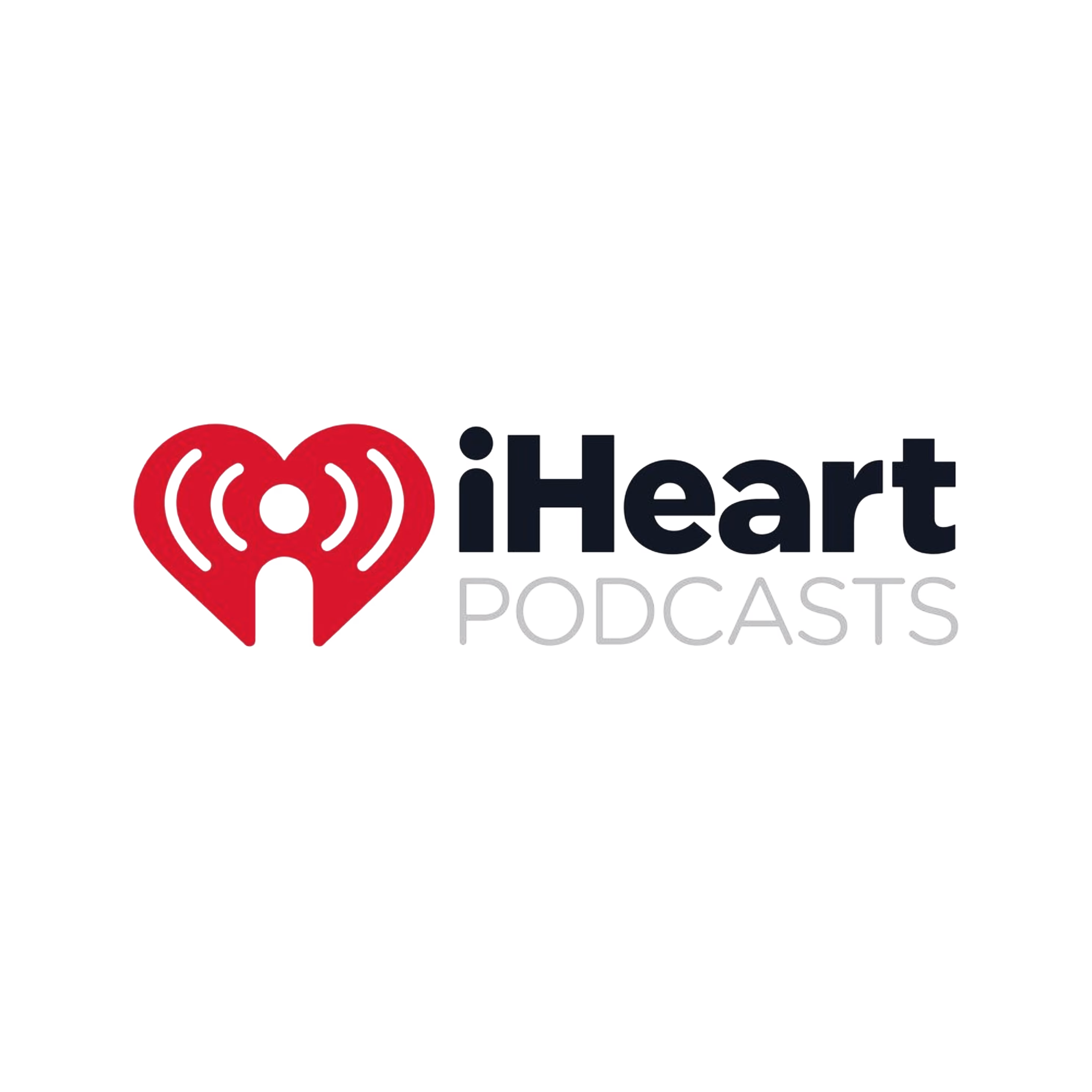 iHeart Podcasts logo with a red heart symbol and black and gray text on black background.