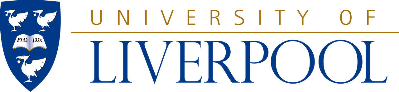 University of Liverpool logo with a shield featuring three white birds and an open book reading 'FIAT LUX'.