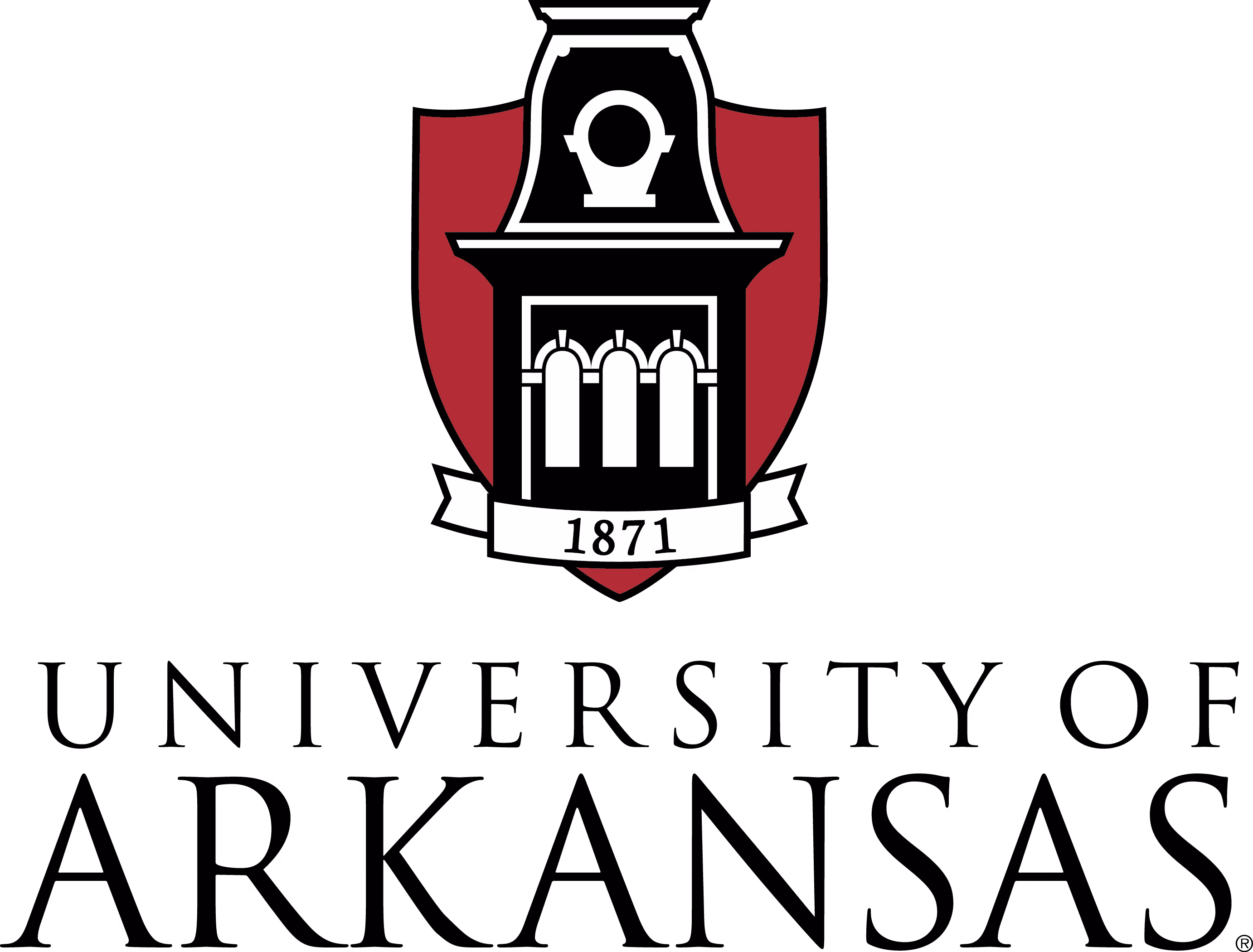University of Arkansas logo with 1871 date below a building silhouette on a red shield background.