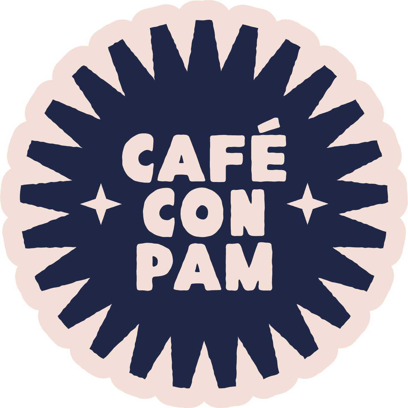 Round badge with sunburst pattern and text 'CAFÉ CON PAM' in bold letters.