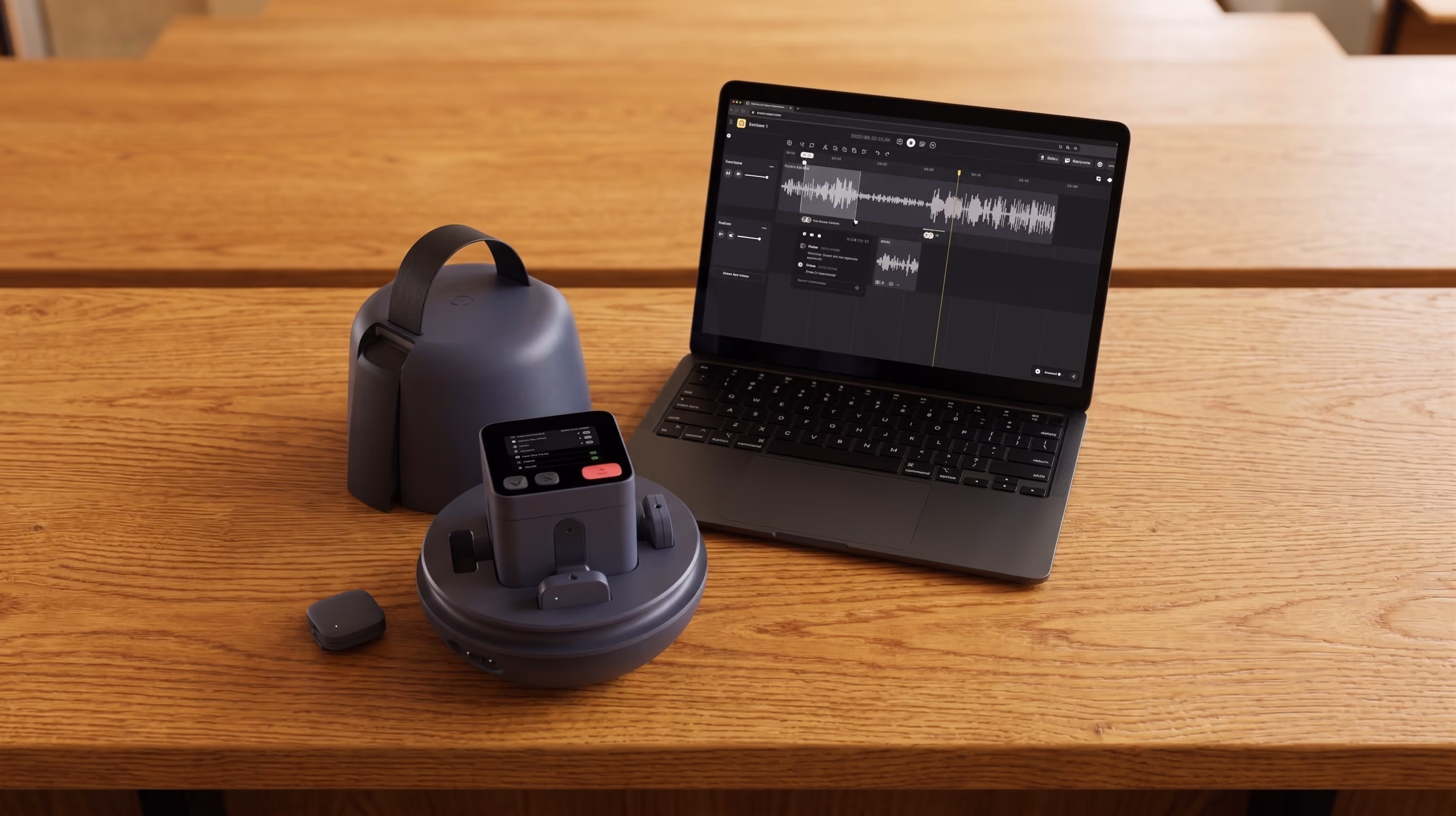 Nomono recording device with display and small accessory next to a laptop showing audio editing software on a wooden table.