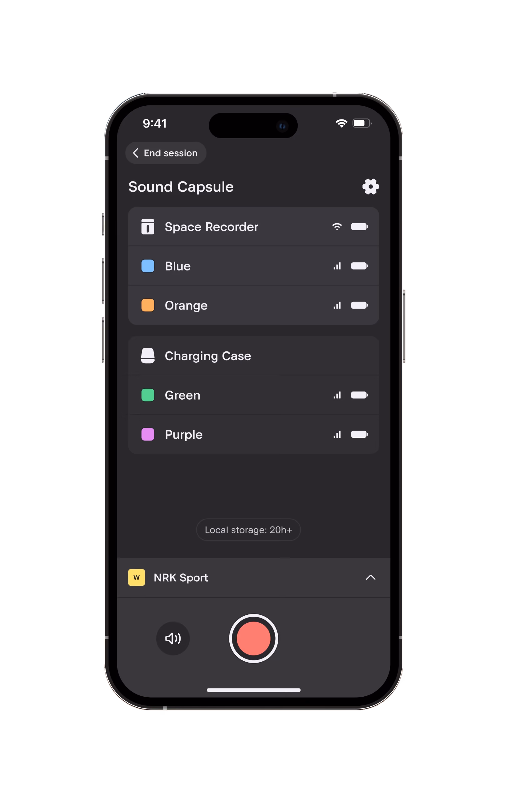 Smartphone screen showing a recording app with two devices named Sound Capsule and Stellar Mics, toggles off.