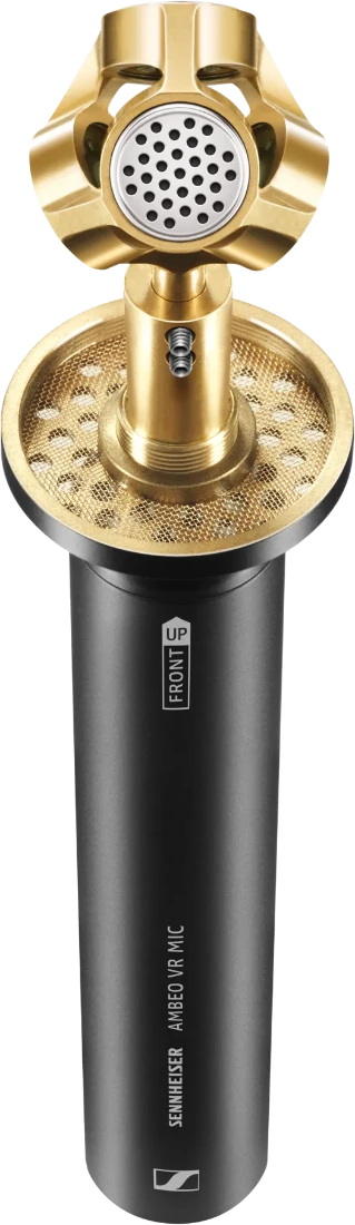 Sennheiser Ambeo VR microphone with a gold metal mesh top and black cylindrical body showing the brand and model name.